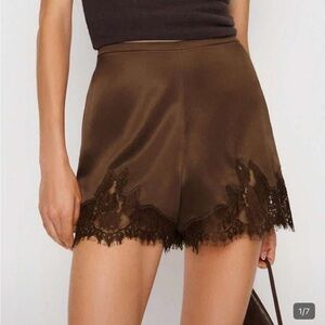SHEIN Brown Lace-Trim Satin Shorts